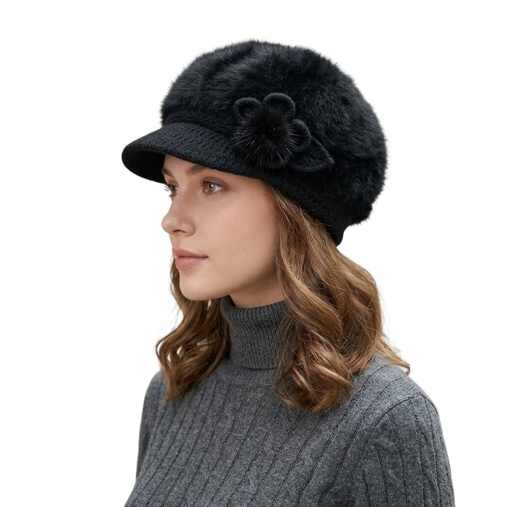 Black Angora Newsboy Cap Knit Baker Boy Hat with Floral Pom Accent